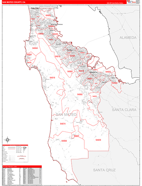 San Mateo County, CA Map Red Line Style
